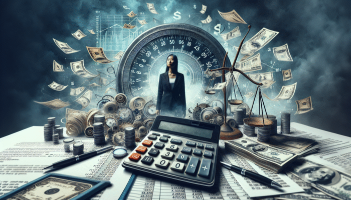 A person calculates total debt from payday loan statements, surrounded by financial documents and a calculator.