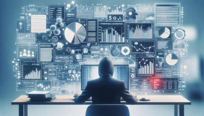 A person analyzing a credit report amidst financial documents and graphs in an office, comparing loan interest rates.