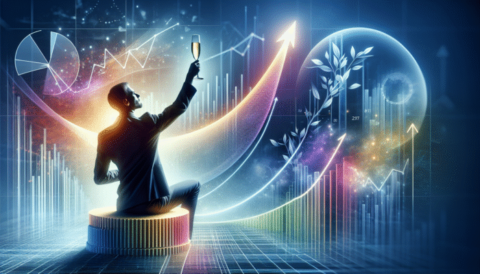 Person toasting with champagne, surrounded by charts showing debt repayment progress, looking serene and determined.