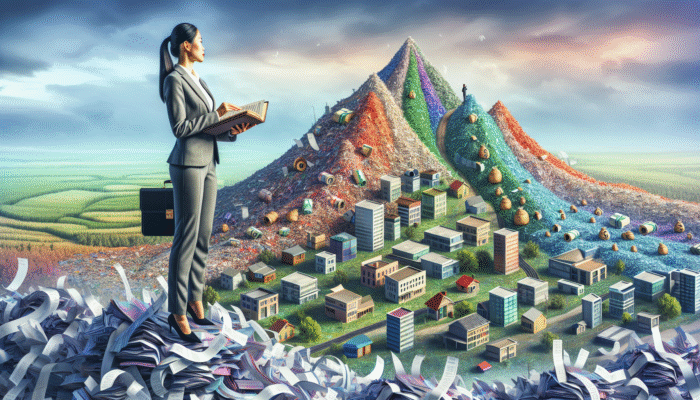 A person atop shredded payday loan contracts, viewing investment opportunities, ledger in hand.