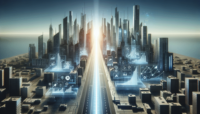 Futuristic cityscape with illuminated path and financial charts in skyline, symbolizing investment objectives.