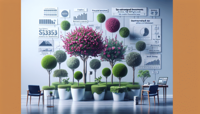 A garden representing a financial portfolio with blooming plants for retirement accounts and shrubs for short-term investments.