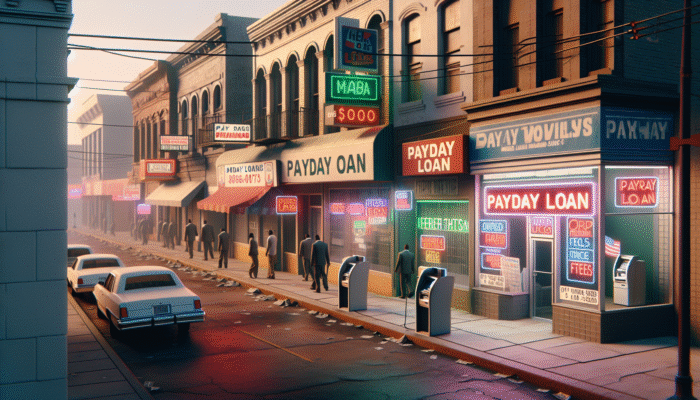 A Mississippi street in the early 2000s with numerous payday loan shops exploiting people under a regulatory vacuum.