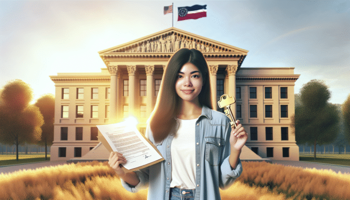 Person with low credit score holding no-credit-check loan document, hopeful, in front of Mississippi financial institution.