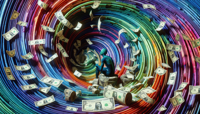 A person trapped in a vortex of cash and debt papers, symbolizing financial distress from no-credit-check loans.