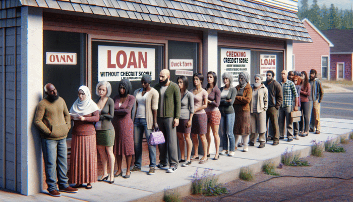 People lining up at a no-credit-check loan store in Mississippi, showing urgency and economic hardship.