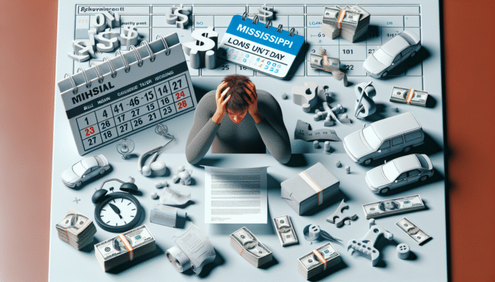 A stressed person in Mississippi with a Payday Loan application, surrounded by bills, a broken car, and medical expenses, near a calendar marking the next payday.
