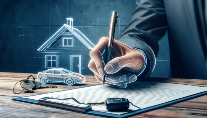 A hand signing a secured loan contract with house and car keys as collateral on a table.