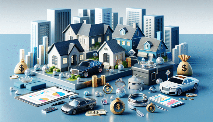 Collateral items like real estate, vehicles, and jewelry on a table, home in background, clear sky.
