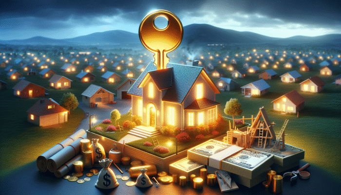 A golden key unlocks a glowing house, with cash and low interest signs, symbolizing home equity loans.