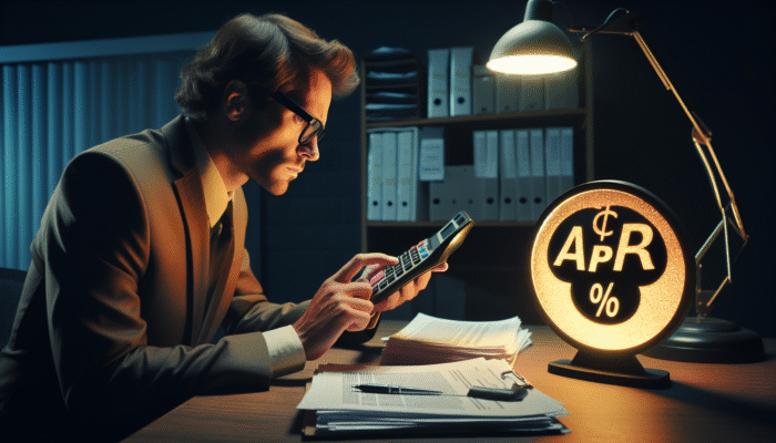 A concerned person in Mississippi calculating high APR on payday loan documents in a dimly lit office.