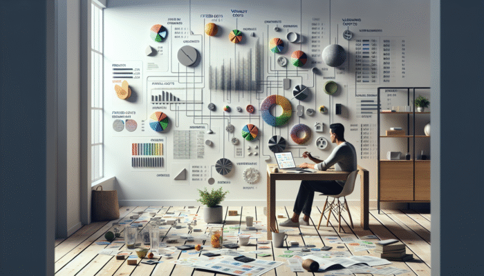 A person organizing a colorful monthly budget chart with fixed and variable costs in a modern office.