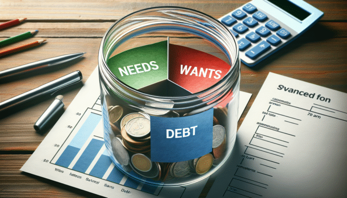 Jar divided into three labeled sections for needs, wants, and savings/debt, filled with money, on a desk with financial documents and calculator.