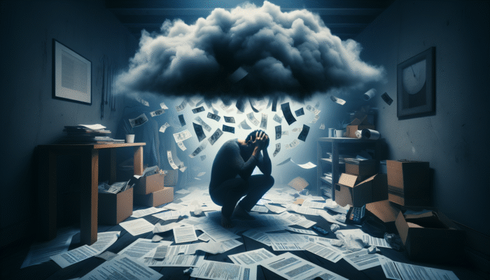 A distressed person amidst bills and documents, under a dark cloud, in a dimly lit room, symbolizing financial hardship in Mississippi.