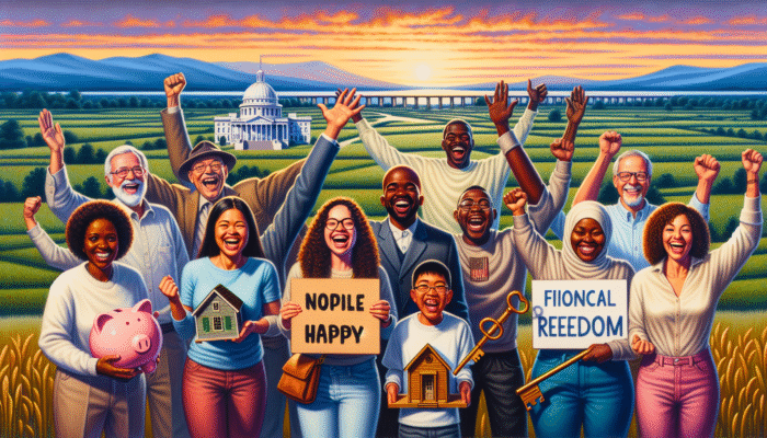 A diverse group in Mississippi with "Bad Credit Loans" signs, against rolling hills and vibrant sunsets.