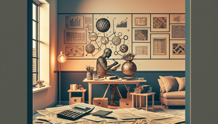 A person calculating monthly expenses at a desk with bills, calculator, and notepad in a cozy home office.