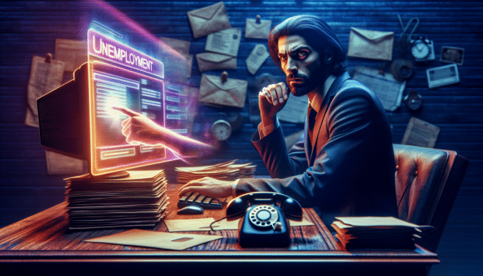 Person at desk filing unemployment claim on computer, with documents and phone, emphasizing urgency.