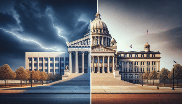Federal courthouse and Mississippi state capitol with contrasting documents on payday lending regulations.