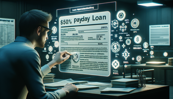 A Mississippi borrower reviews a $500 payday loan contract with a 569% APR in a dimly lit office.