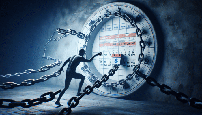 Person trapped in debt cycle, reaching for high-interest payday loan, symbolized by chains and calendar.
