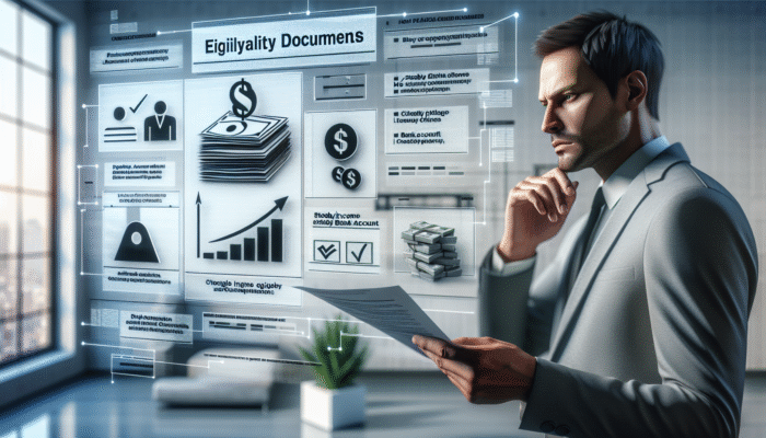 Person reviewing payday loan eligibility documents, looking concerned in a modern office.