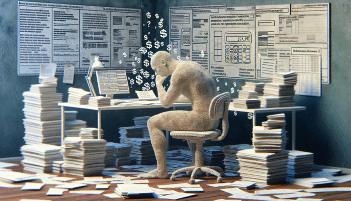 Person at desk, concerned, evaluating payday loan amidst financial documents and calculator.