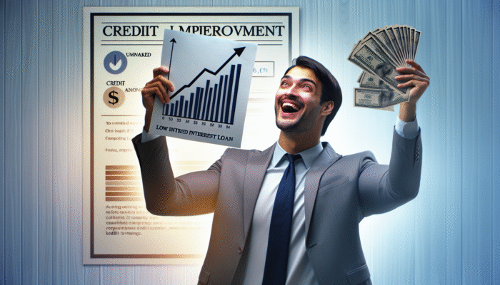 Person smiling with low-interest loan document, graph showing rising credit score in background.