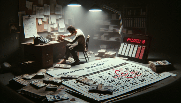 Person in dimly lit room, counting cash beside calendar with urgent due date, illustrating payday loan stress.