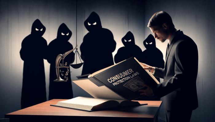 A vigilant borrower reading consumer protection laws, with shadowy payday lenders in the background.