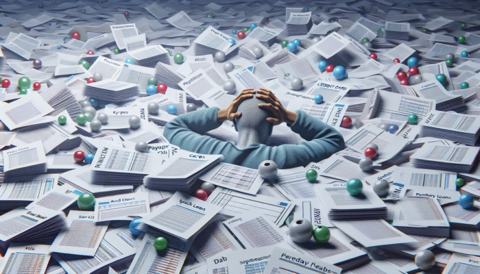 A person surrounded by financial documents, using a spreadsheet to organize debts.