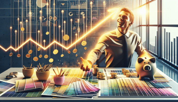 A person joyfully organizing a colorful budget chart on a desk with financial success symbols in a modern office.