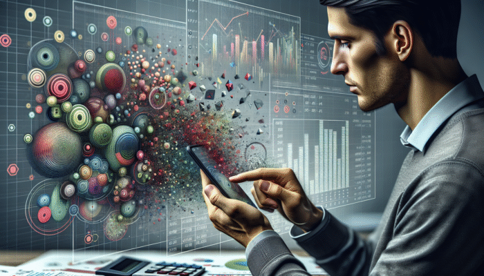 A person using a smartphone app to track daily expenses, with graphs showing spending patterns and budget limits.