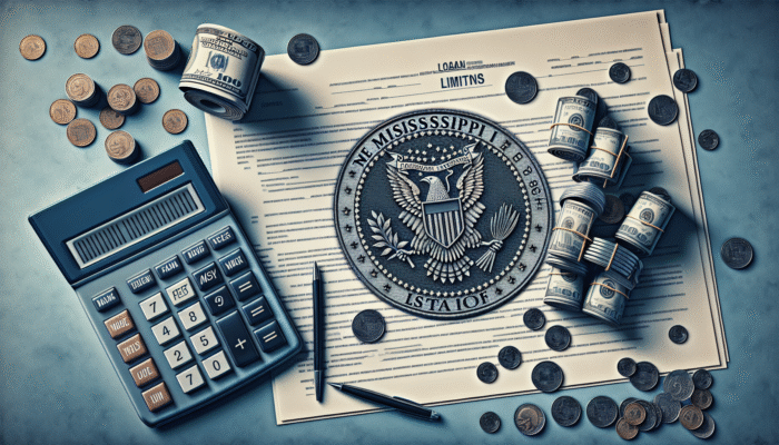 Mississippi state seal with "Loan Restrictions" document, calculator, and coins, symbolizing debt protection.