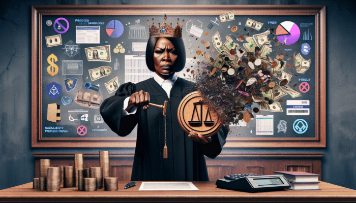 A judge in Mississippi revoking a payday lender's license, surrounded by fines and sanctions symbols.