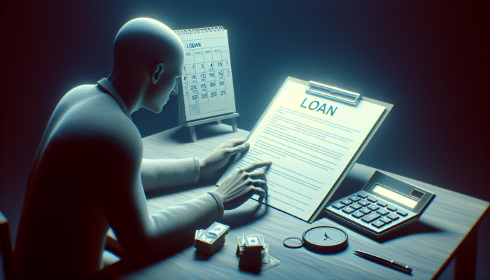 A person reading loan terms with a calendar and calculator, planning finances.