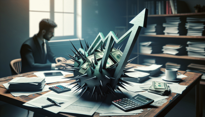 A person calculating loan costs with papers and a calculator on a cluttered desk, next to a chart showing high interest rates spiraling upwards, symbolizing the debt trap in Mississippi.