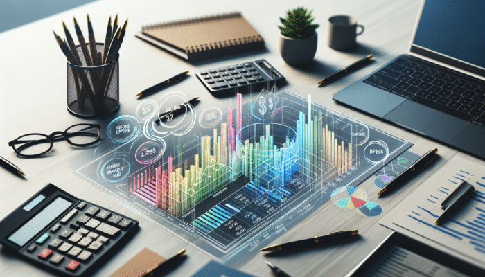A detailed financial budget chart on a desk with tools and documents in a modern office.