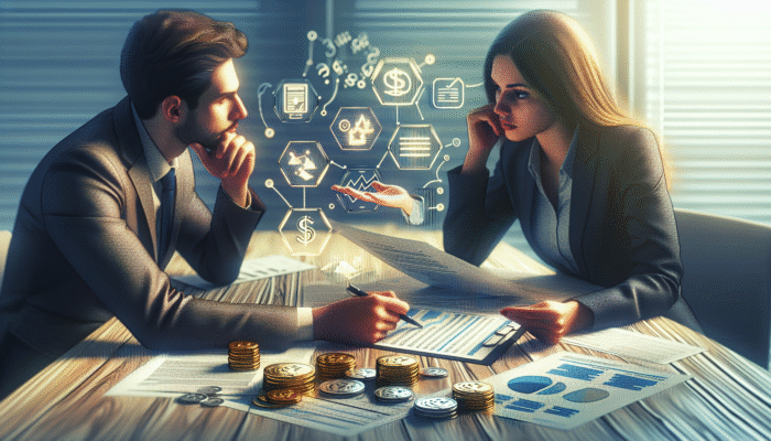 Person discussing loan consolidation with advisor, surrounded by financial documents and charts showing debt reduction and lower interest rates.