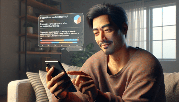 A Mississippi borrower using PocketGuard on a smartphone, showing disposable income, looking relieved at home.