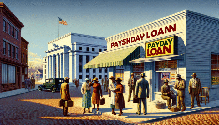 A busy Mississippi town with people entering a payday loan store, economic strain and hope visible, federal reserve in background.
