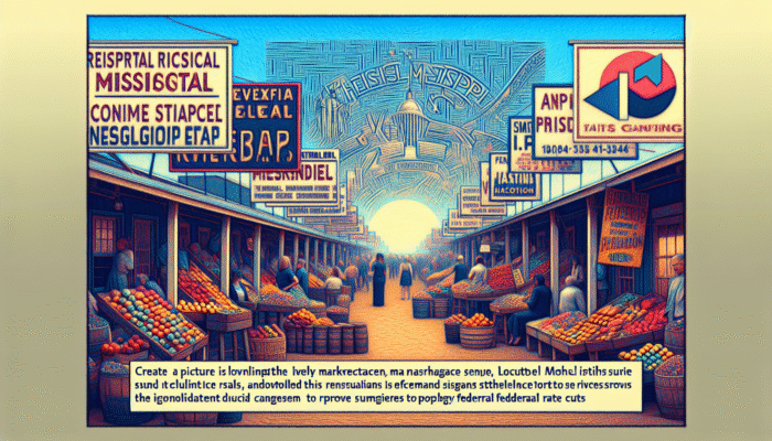 A bustling Mississippi marketplace with payday loan stalls and economic graphs showing federal rate cuts.