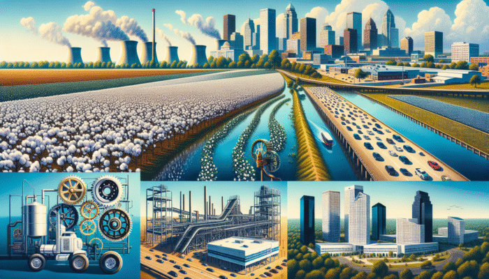 A vibrant Mississippi landscape with cotton fields, catfish farms, automotive and furniture factories in Tupelo, and modern hospitals.