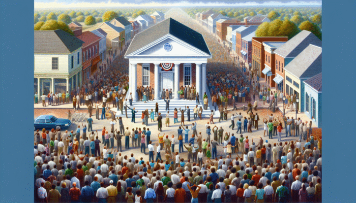 Diverse groups celebrating around a new community center in Mississippi, funded by Southern Bancorp.