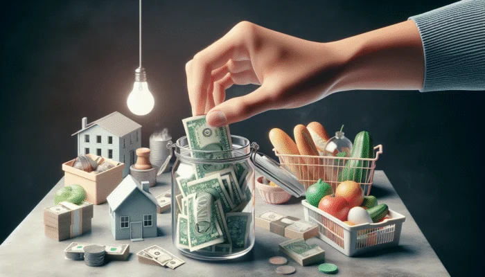 A person adding $50 bills to a jar labeled 'Emergency Fund', with essential expenses in the background.