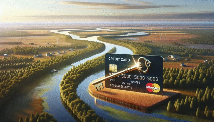 Secured credit card with $500 deposit against Mississippi landscapes, symbolizing financial improvement.