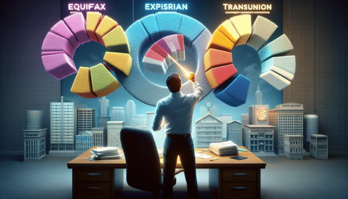 A person reviewing a credit report from Equifax, Experian, and TransUnion, highlighting errors for credit repair.