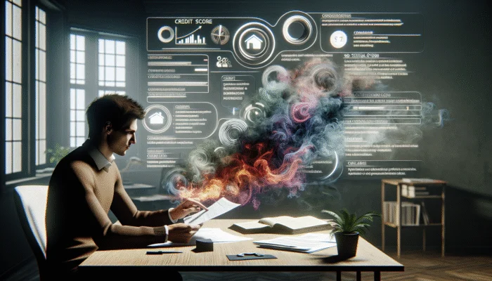 A young adult in Mississippi analyzing financial documents and credit graphs at a desk.