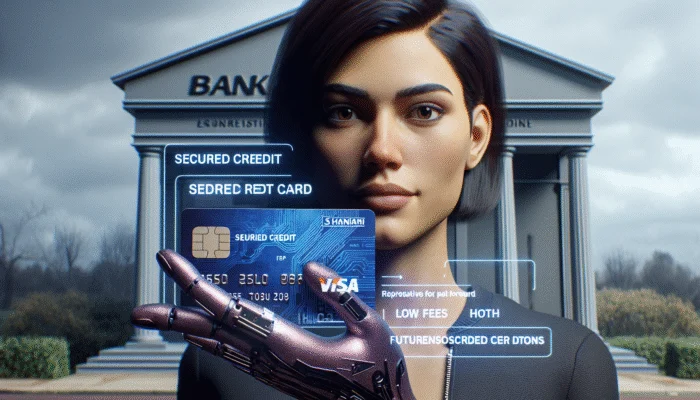 A young adult in Mississippi with a secured credit card, starting their credit journey, with a bank and clear path in the background.
