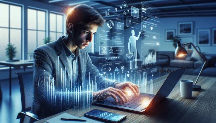 Young adult reviewing credit card statement on laptop, with financial alerts on smartphone and yearly credit report, in modern home office.