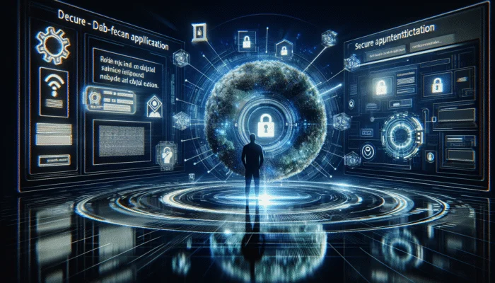 A user submitting a loan application on a secure digital interface with encryption and two-factor authentication.